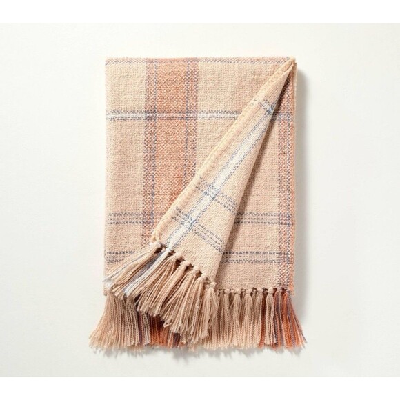 Soft Woven Plaid Throw Blanket - Hearth & Hand with Magnolia - Blush/Sand NEW - Picture 3 of 7